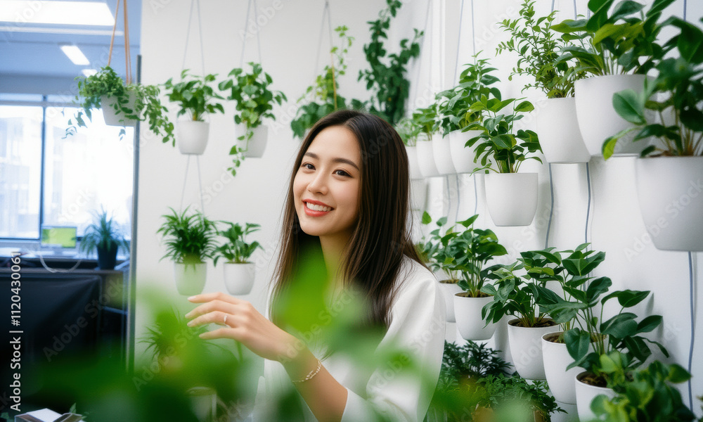 woman smiles in bright office surrounded by vertical garden of green plants, creating refreshing and lively atmosphere woman smiles in bright office surrounded by vertical garden of green plants, creating refreshing and lively atmosphere