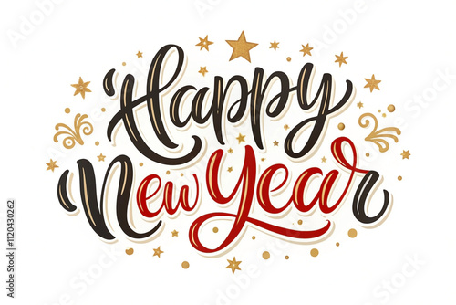 Elegant hand-lettered "Happy New Year" greeting with gold and red accents and stars.