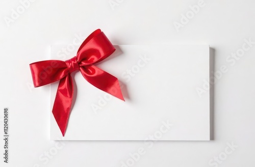 a white clear paper card with a red ribbon bow on a side on white background photo