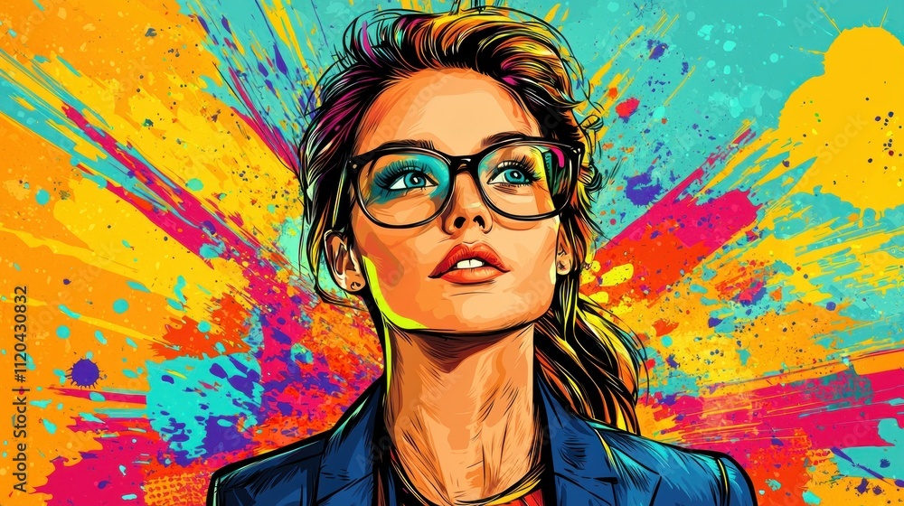 Vibrant Pop Art Portrait of a Woman with Glasses Vibrant Pop Art Portrait of a Woman with Glasses