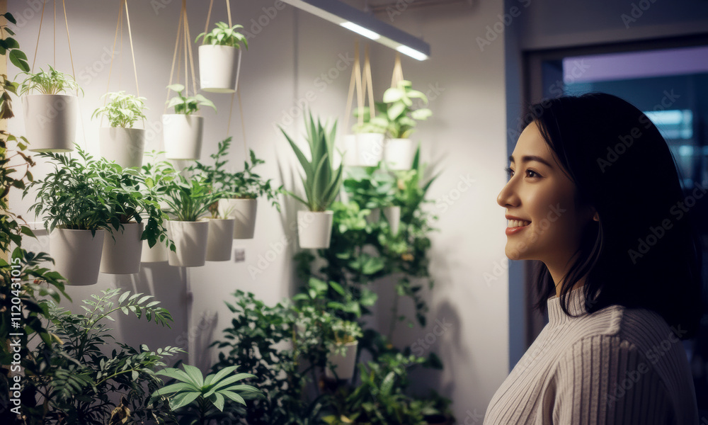 woman admires vertical garden filled with lush green plants, creating serene atmosphere. vibrant greenery enhances her joyful expression woman admires vertical garden filled with lush green plants, creating serene atmosphere. vibrant greenery enhances her joyful expression