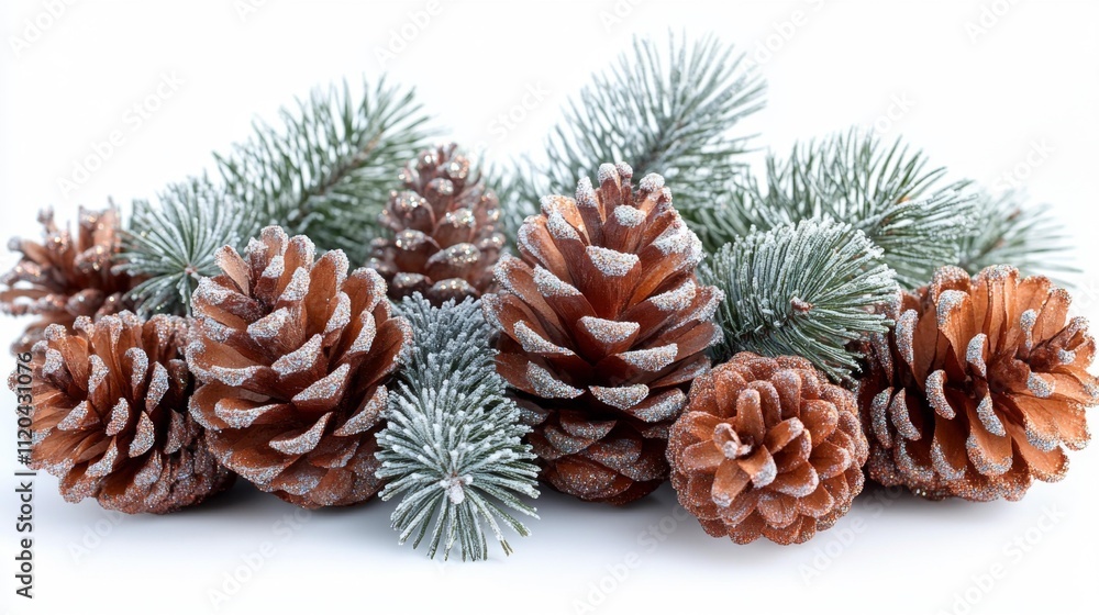Frosted Pinecones with Glitter on a White Background. Generative AI Frosted Pinecones with Glitter on a White Background. Generative AI