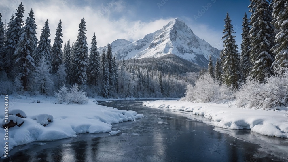 Escena invernal de un rio con árboles y una montaña nevada. Paisaje nevado y frio Escena invernal de un rio con árboles y una montaña nevada. Paisaje nevado y frio