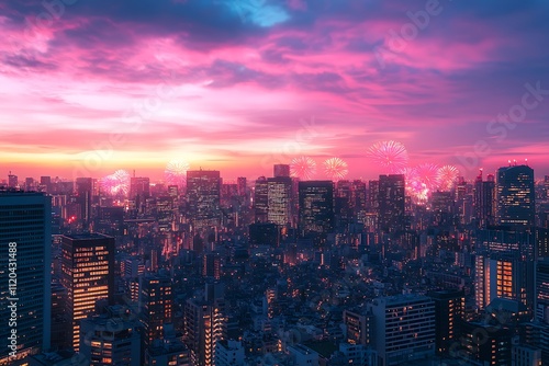 Wallpaper Mural Vibrant fireworks illuminate a modern cityscape at sunset Torontodigital.ca