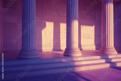 Sunlight bathes classical columns in a warm  ethereal glow