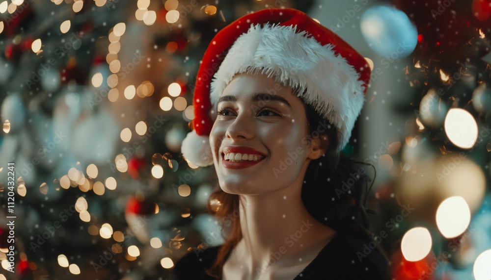A cheerful woman, dressed in a Santa hat, celebrating Christmas at home A cheerful woman, dressed in a Santa hat, celebrating Christmas at home
