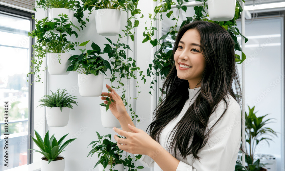 woman smiles while interacting with vertical garden filled with lush greenery. bright, modern space enhances her joyful expression woman smiles while interacting with vertical garden filled with lush greenery. bright, modern space enhances her joyful expression