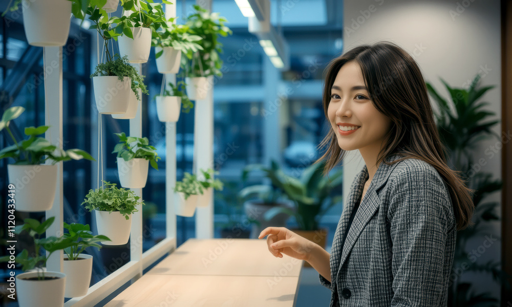 woman smiles while sitting near vertical garden filled with plants. bright, modern space enhances her joyful expression woman smiles while sitting near vertical garden filled with plants. bright, modern space enhances her joyful expression