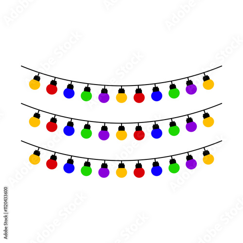 Christmas light decoration. Christmas lights. Colorful string fairy lights. Different shapes. Cartoon holiday festive Christmas decoration. Rainbow colors Flat design