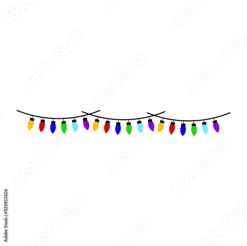 Christmas light decoration. Christmas lights. Colorful string fairy lights. Different shapes. Cartoon holiday festive Christmas decoration. Rainbow colors Flat design
