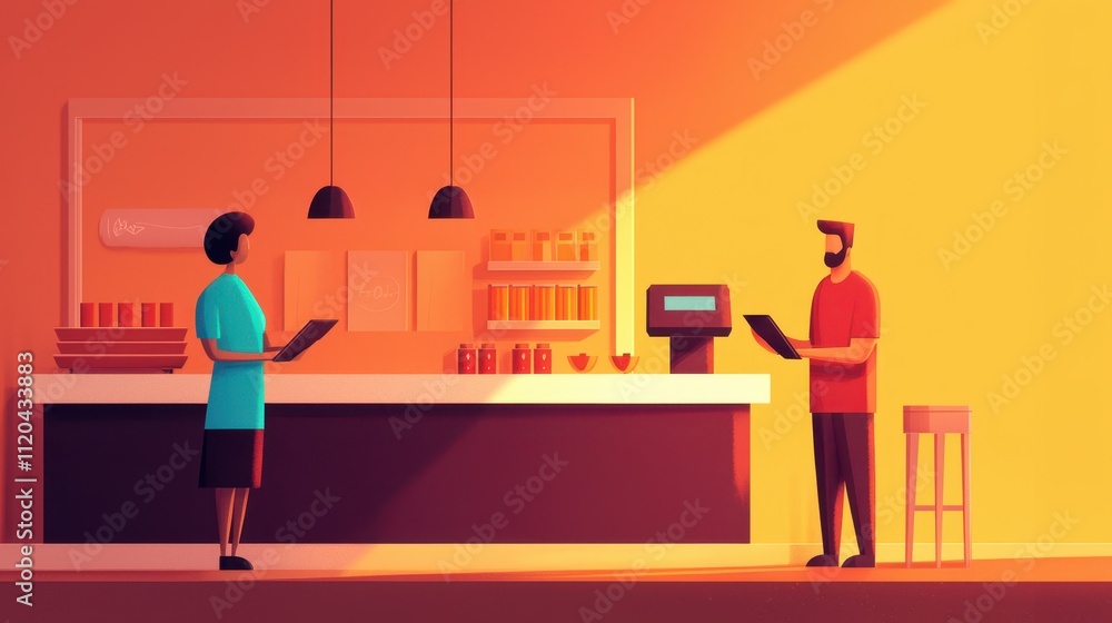 Bright and Inviting Coffee Shop Atmosphere with Customers Browsing Products and Enjoying a Relaxed Experience in a Modern Setting Bright and Inviting Coffee Shop Atmosphere with Customers Browsing Products and Enjoying a Relaxed Experience in a Modern Setting