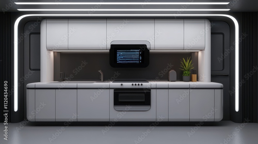 Fototapeta premium Futuristic Monochrome Kitchen with Seamless Cabinetry and Modern Design Elements for a Contemporary Culinary Space