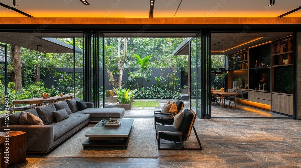 Fototapeta premium Modern luxury home interior with open plan living space, large glass doors opening to a lush tropical garden.