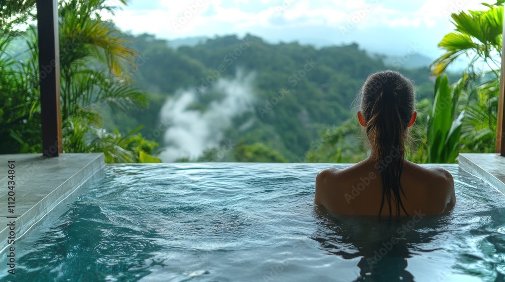 A person enjoys a serene soak in a hot spring pool surrounded by lush greenery and mountain landscapes under a clear sky. The atmosphere is calming and rejuvenating. A person enjoys a serene soak in a hot spring pool surrounded by lush greenery and mountain landscapes under a clear sky. The atmosphere is calming and rejuvenating.