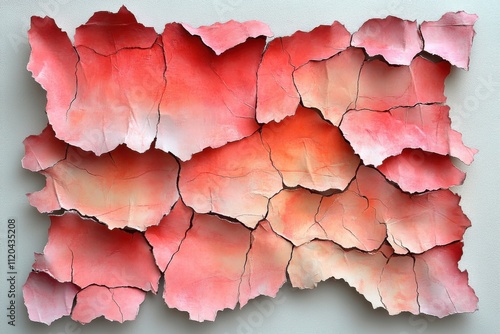 A textured artwork featuring cracked, layered paper in warm red hues.