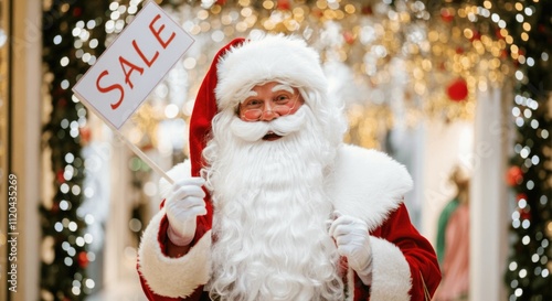 Jolly santa claus promoting holiday sale in festive mall decoration photo