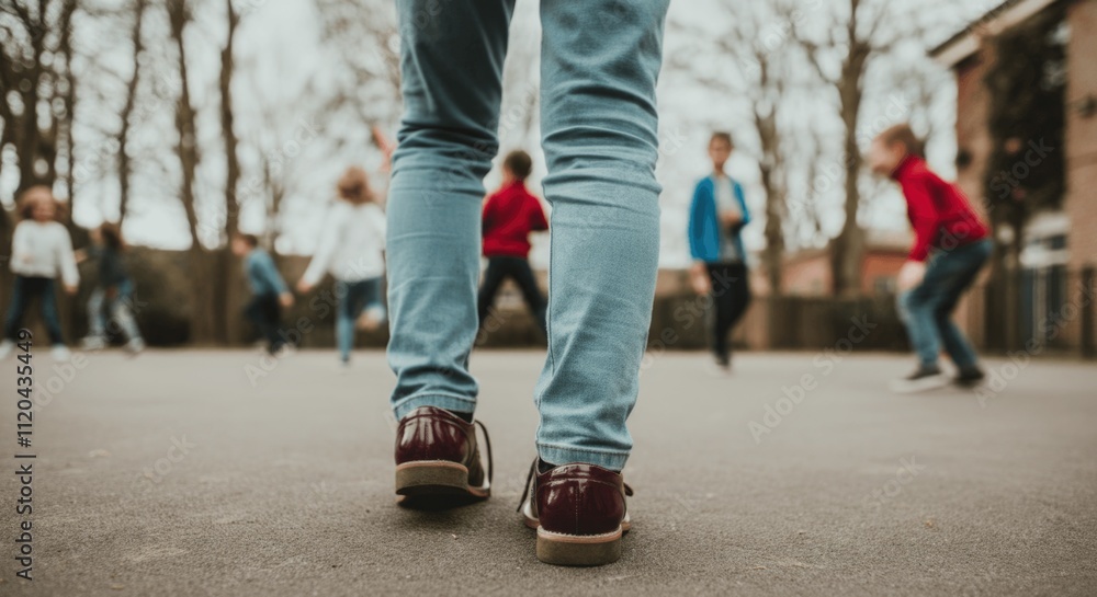 Young children playing outdoors in playground with focus on one child's shoes Young children playing outdoors in playground with focus on one child's shoes