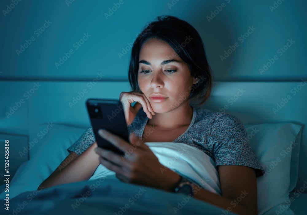Young caucasian female relaxing in bed browsing on smartphone at night Young caucasian female relaxing in bed browsing on smartphone at night