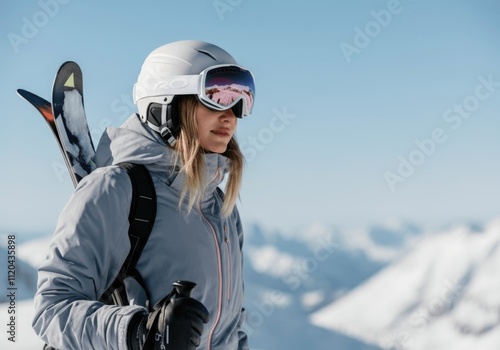 Young caucasian female skier in snowy mountains with ski gear