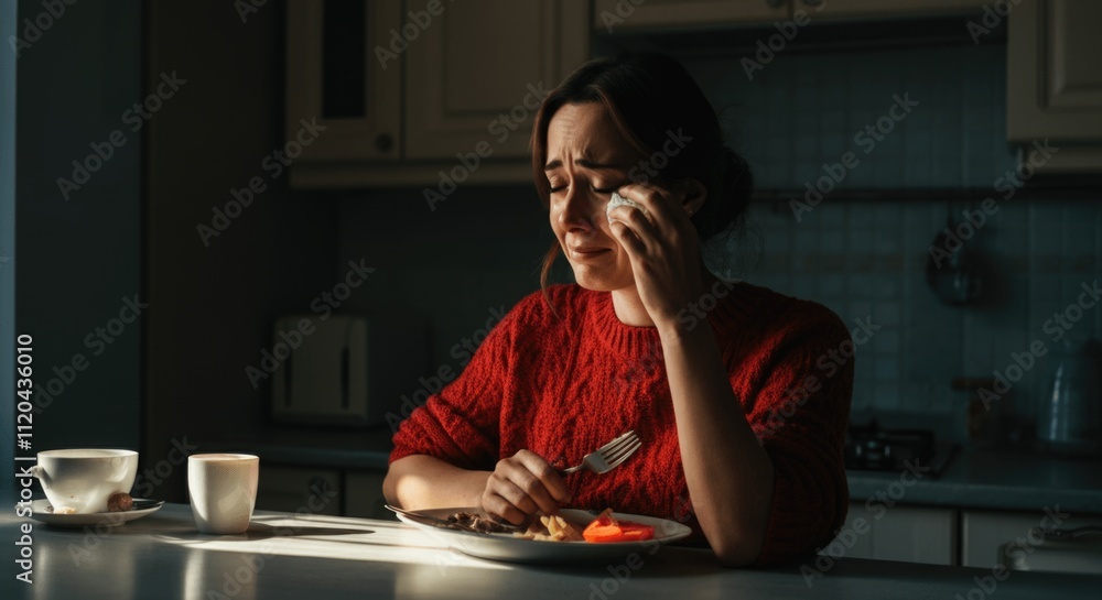 Young caucasian female in red sweater crying at dinner table in dimly lit kitchen Young caucasian female in red sweater crying at dinner table in dimly lit kitchen