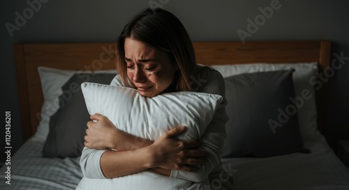 Young caucasian female crying in bed hugging pillow at night photo