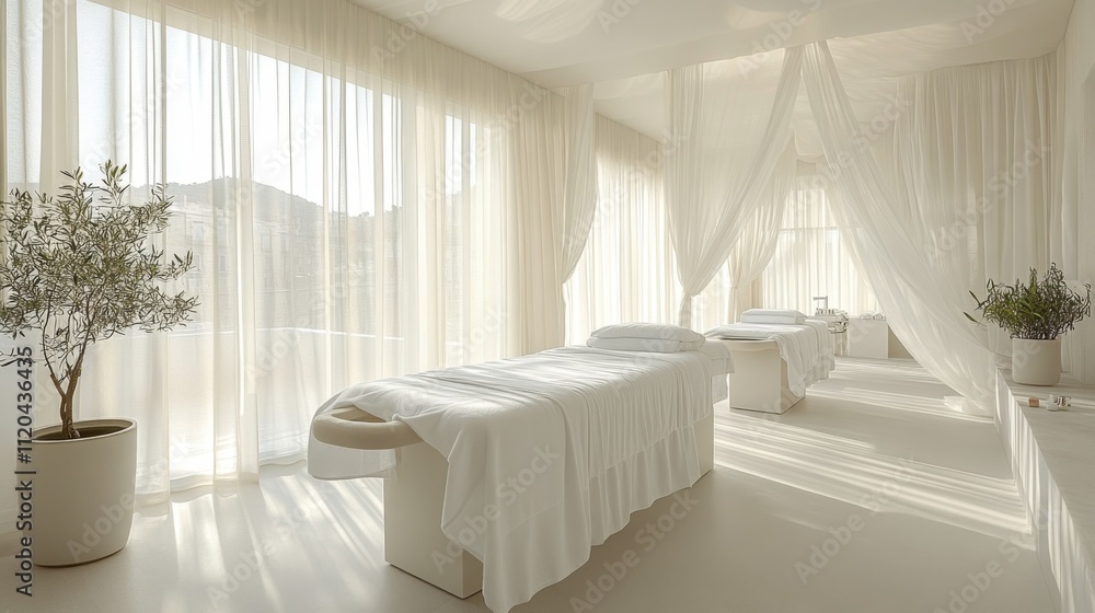 Soft curtains flutter in the gentle breeze as treatment beds await clients in a serene spa space. Natural light creates a calming atmosphere, perfect for relaxation and rejuvenation.