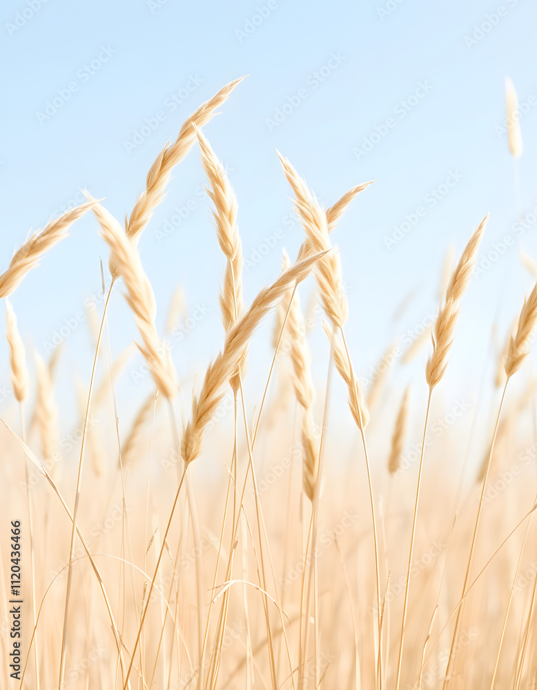 Fototapeta Beige wild grass and blue sky as Natural textured banner, contour light, organic design blur background, soft pastel color. Aesthetic nature scenery, minimal autumn seasonal ornament patterns, vibra