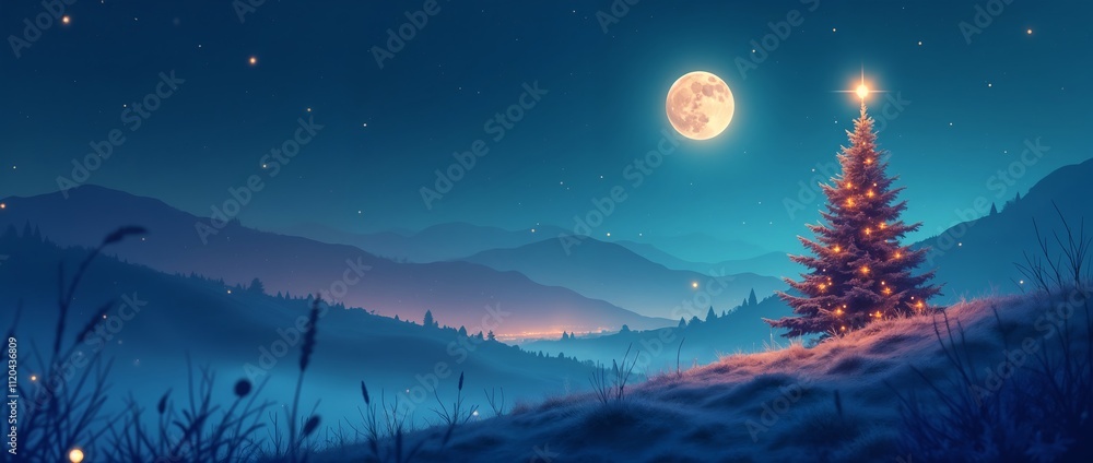 A glowing Christmas tree adorned with lights sits atop a snowy hill under a luminous full moon, surrounded by a serene, magical winter landscape of mountains and starry skies on Christmas Eve A glowing Christmas tree adorned with lights sits atop a snowy hill under a luminous full moon, surrounded by a serene, magical winter landscape of mountains and starry skies on Christmas Eve