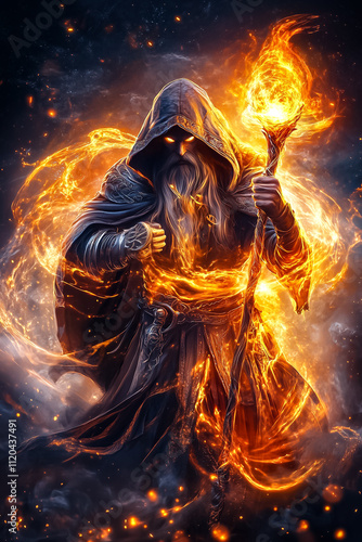 A powerful warrior stands firm, wielding a glowing staff while surrounded by swirling flames in a mystical setting photo