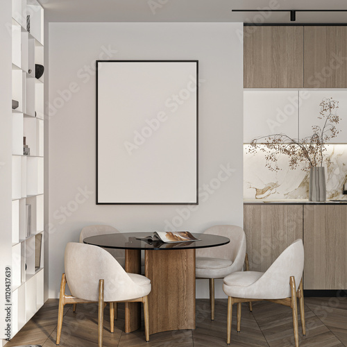 Frame mockup, ISO A paper size. Living room wall poster mockup. Interior mockup with house background. Modern interior design. 3D render 