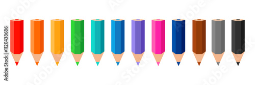 Colored pencil icons, color pencils, collection varicolored pencils, multicolored pencils. Vector illustration.