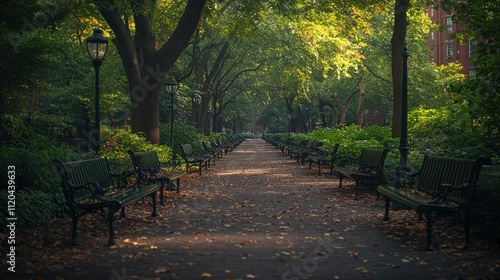 Serene park path with benches and trees.