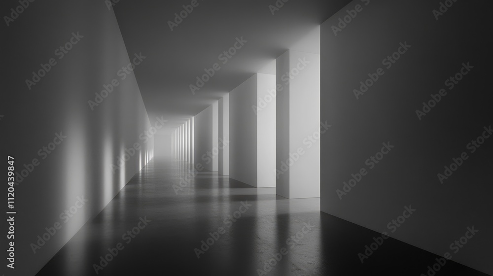 Mysterious gray and white corridor with soft light illuminating the walls Mysterious gray and white corridor with soft light illuminating the walls