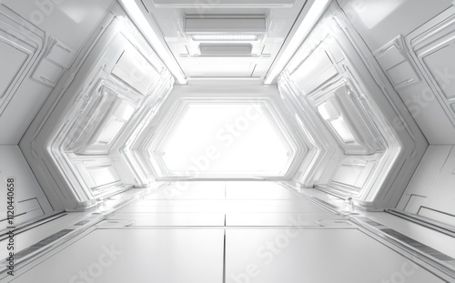 Futuristic white corridor with hexagonal light at the end.