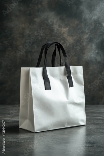 Simple white paper shopping bag with black handles on a dark textured surface photo