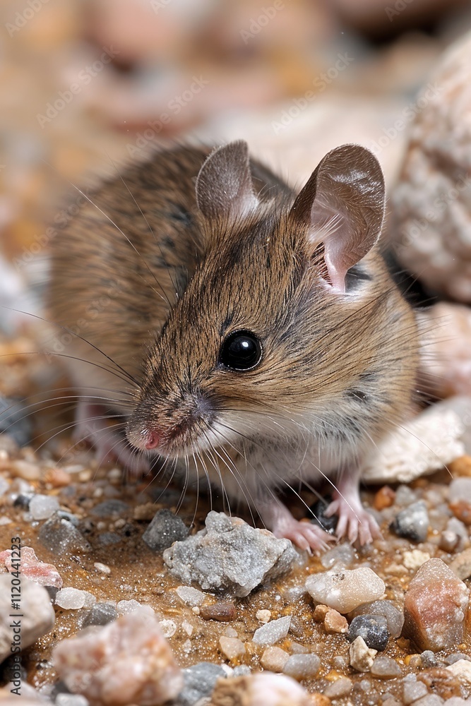 Mouse explores a kitchen floor covered in tiny stones and crumbs Mouse explores a kitchen floor covered in tiny stones and crumbs