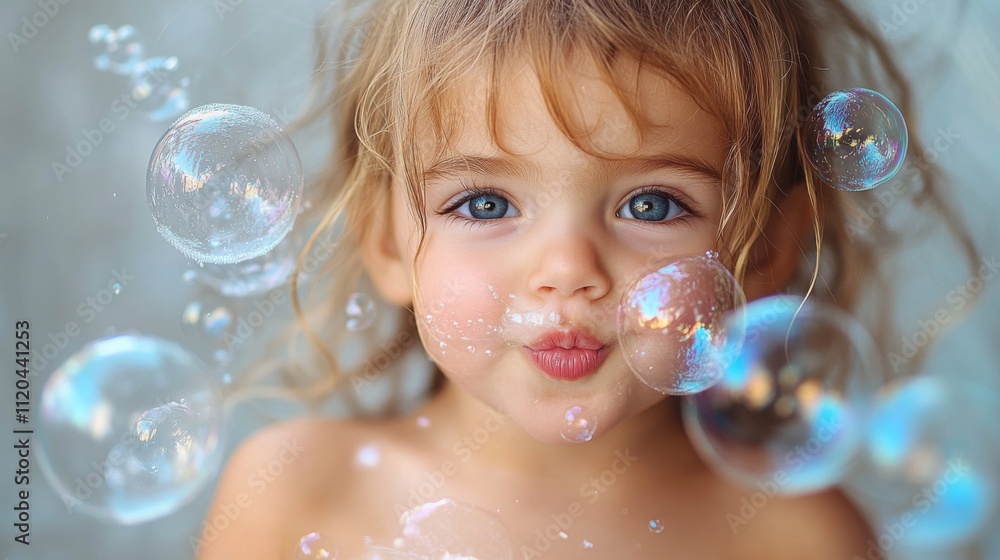 A young child with sparkling blue eyes and curly hair is playfully blowing bubbles outdoors. The sunlight enhances the moment, creating a cheerful atmosphere. A young child with sparkling blue eyes and curly hair is playfully blowing bubbles outdoors. The sunlight enhances the moment, creating a cheerful atmosphere.