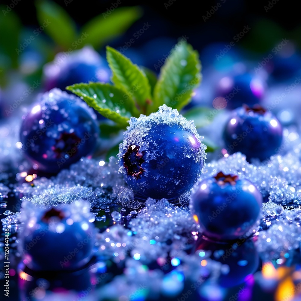 Fresh Frozen Blueberries on Ice with Green Leaves Fresh Frozen Blueberries on Ice with Green Leaves