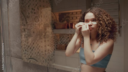 Young beautiful girl with curly hair standing in warmy lit bathroom, looking in mirror and applying under-eye patches during beauty routine at home photo