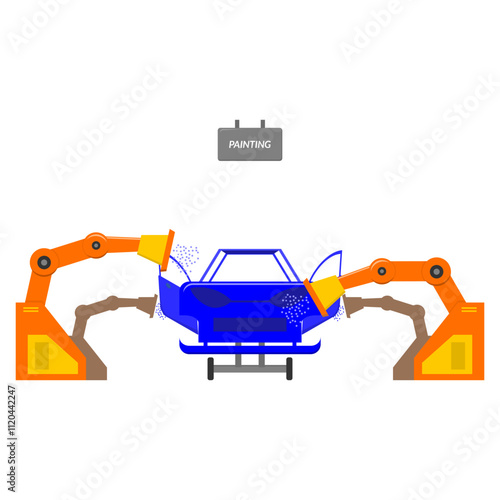 car painting process. car manufacturing industry. robot painting. industry 4.0. spray booth. car factory. job. production process. simple flat style. top coat, base coat, clear coat. vector 