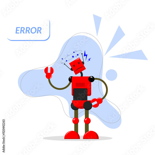 red robot. robot error, broken, disruption. system error. connection not connected. technology theme. network error. broken device. vector illustration. system problem. damage. robot character