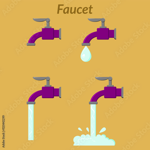 purple faucet. various water faucet. sanitation. groundwater. clean water. household. bathroom. vector illustration
