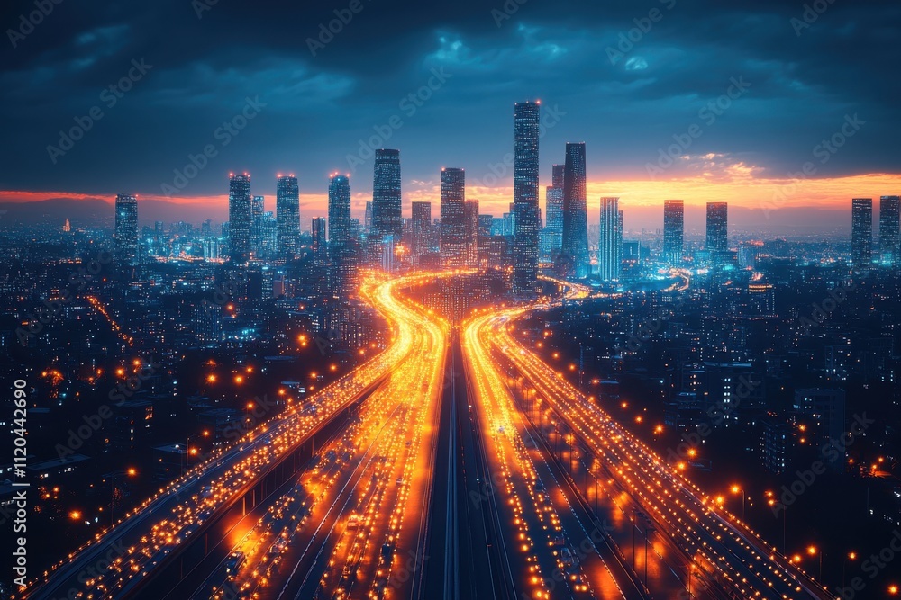 A vibrant city skyline at dusk, showcasing illuminated highways and modern skyscrapers. A vibrant city skyline at dusk, showcasing illuminated highways and modern skyscrapers.