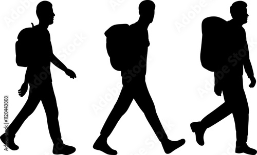 men with backpacks walking silhouette on white background, vector