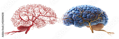 Two parts of the human brain, one with normal little red and blue chelated cells, isolated on a transparent background. photo