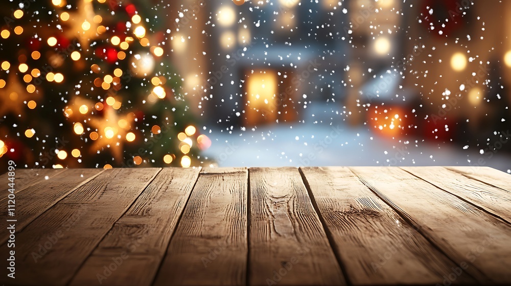 Cozy Christmas atmosphere with an empty wooden table, warm living room decor, and a snowy holiday background for a product display banner. Cozy Christmas atmosphere with an empty wooden table, warm living room decor, and a snowy holiday background for a product display banner.