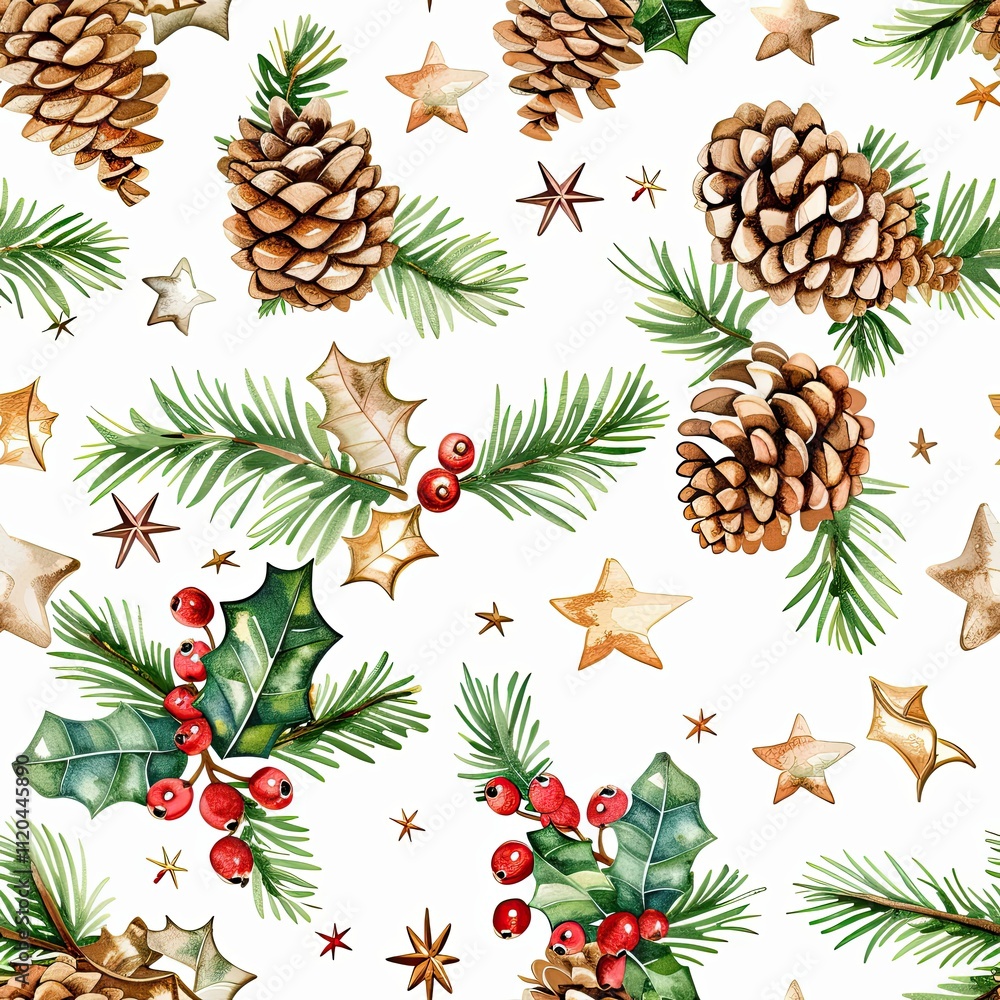 Obraz premium Seamless watercolor pattern of pine cones, red berries, and spruce branches on a white backdrop, evoking a cozy winter atmosphere.