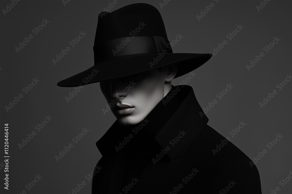 A minimalist fashion photograph of an elegant man wearing a black coat and hat. The design is sleek, with clean lines and a monochromatic color scheme A minimalist fashion photograph of an elegant man wearing a black coat and hat. The design is sleek, with clean lines and a monochromatic color scheme