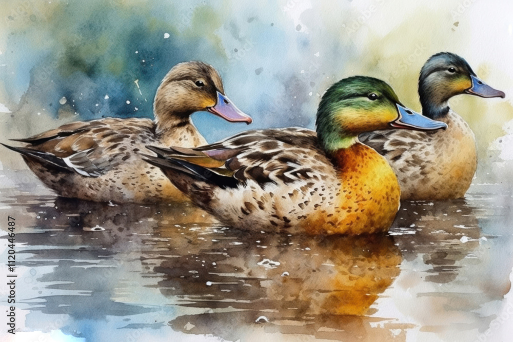 ducks in water watercolor illustration., watercolor style,