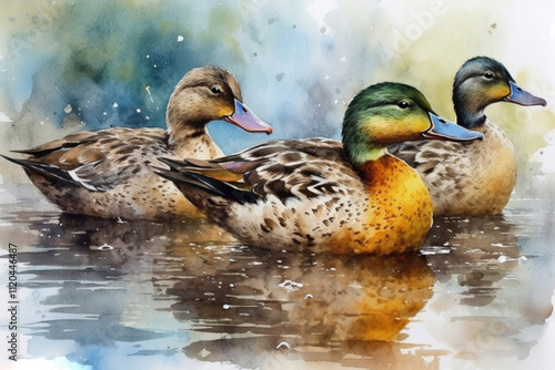 Obraz na płótnie ducks in water watercolor illustration., watercolor style, w salonie